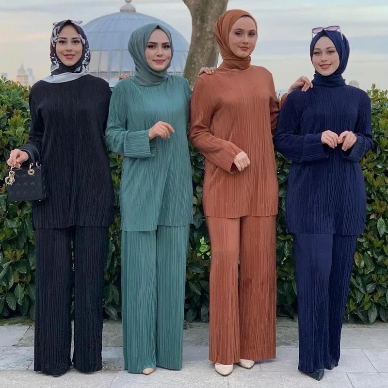 New Arrival Indonesia Muslim Women Ethnic Style Loose Pleated Clothing Suit Arab Ladies Two-piece Crinkle Clothing