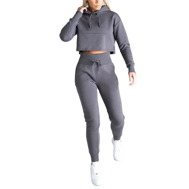 Женский Однотонный черный пуловер с длинным рукавом, укороченный топ, толстовка и штаны для бега, спортивный костюм
