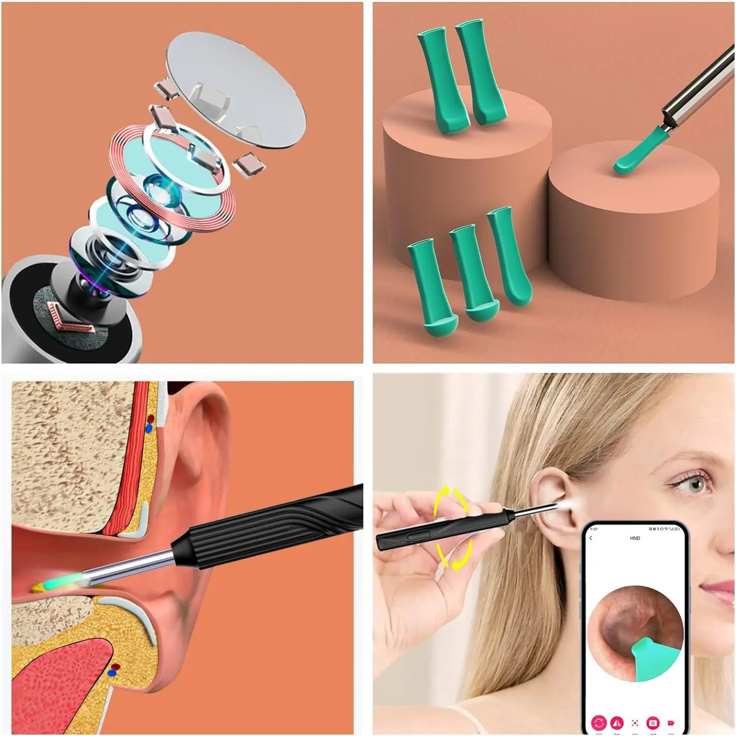 Black integrated spoon head Ear Wax Removal-Earwax Removal Tool  visual earpick Ear Cleaner  with Camera with Light