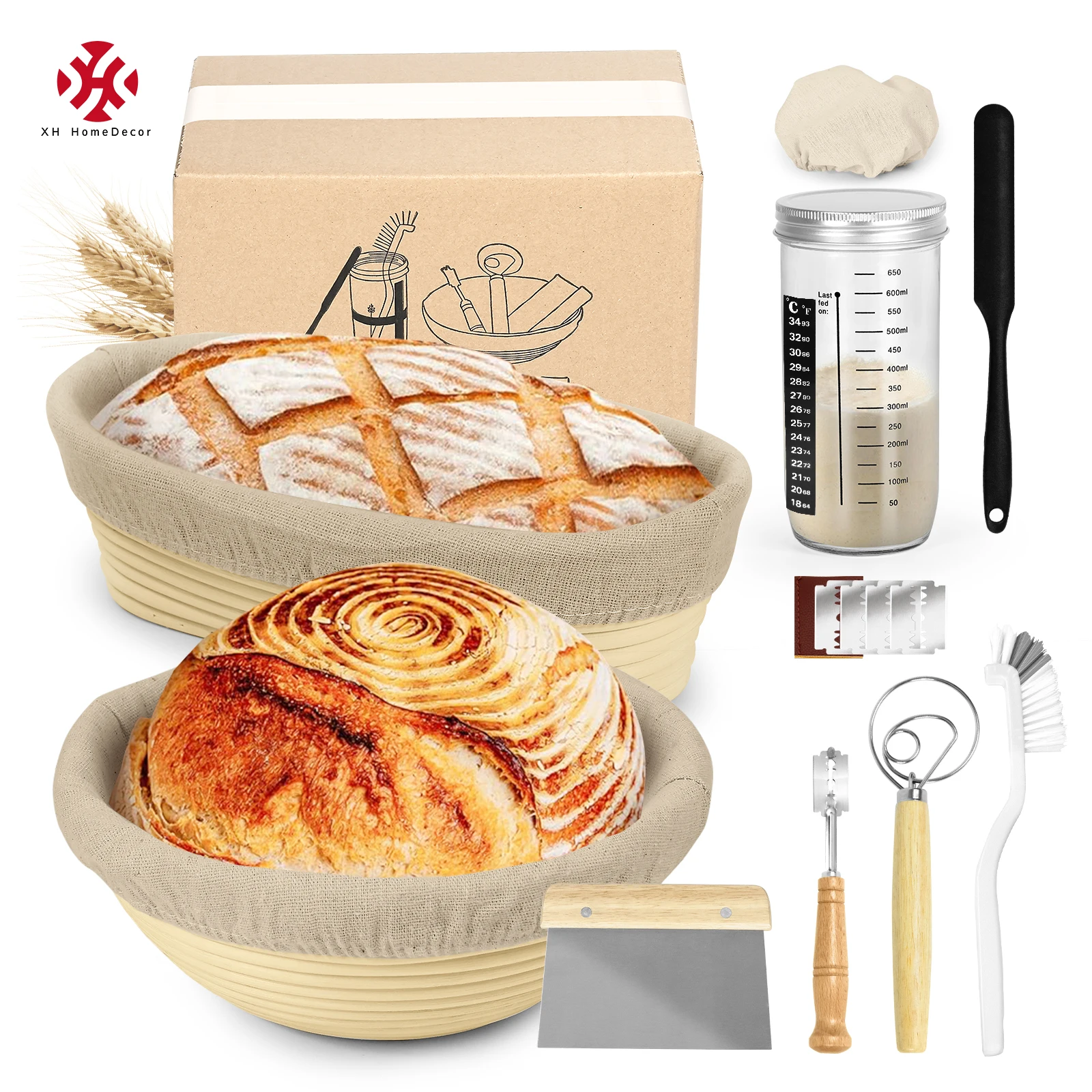 XH Conical Fermenter Glass Jar Rattan Sourdough Starter Kit for Artisan Bread Starter Bread Proofing Baskets for gifts