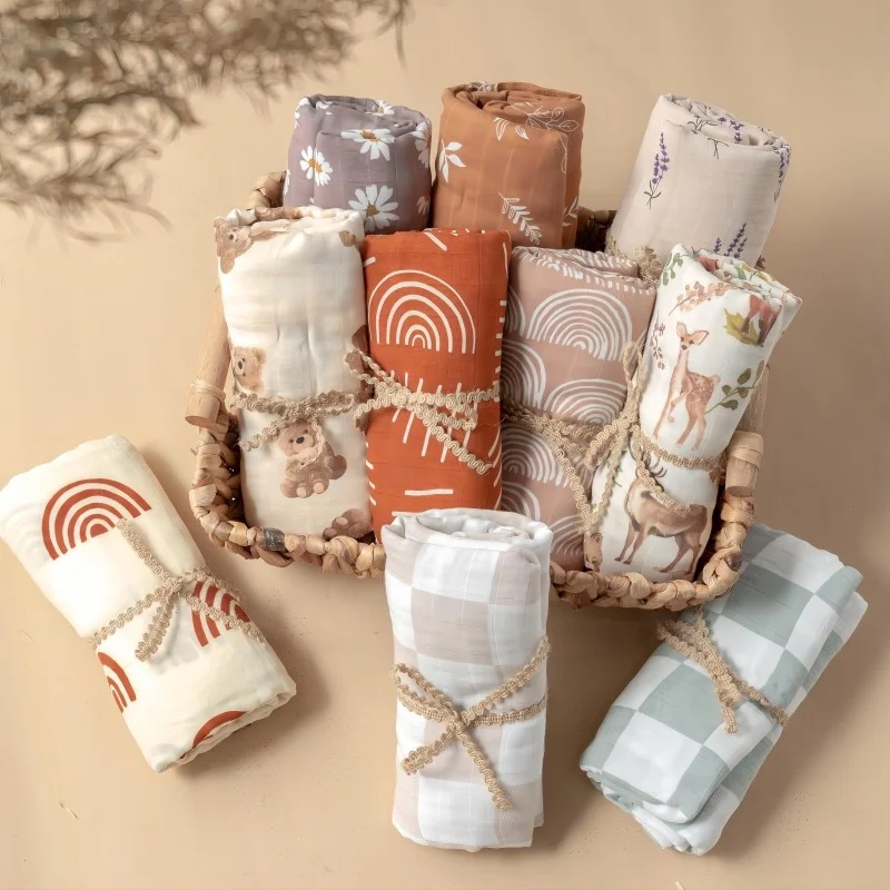 Customized 2 Layers Muslin Baby Blanket Super Soft Cotton floral Swaddle Blankets Organic Bamboo Cotton Baby Muslin Blanket