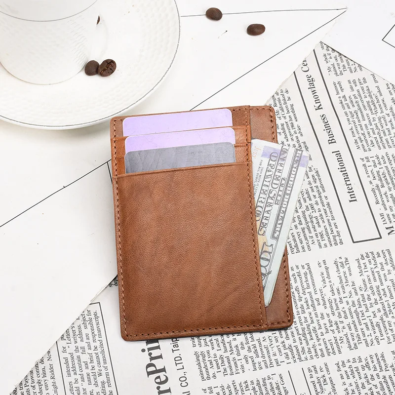 Slim Minimalist Front Pocket RFID Blocking Card Sleeve Leather Wallets for Men Women Cardholder