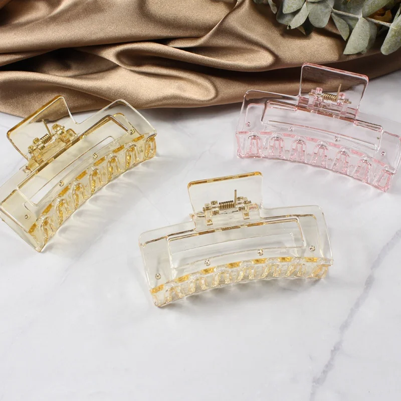 Amazon Custom acrylic girl hair clamp colorful resin Claw Clip Transparent Rectangle Hollow Hair Claw Clip
