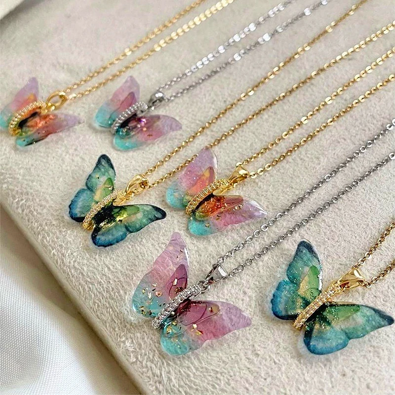 Exquisite Resin Colorful Butterfly Pendant Necklace for Women Classic Stainless Steel Clavicle Chain Jewelry