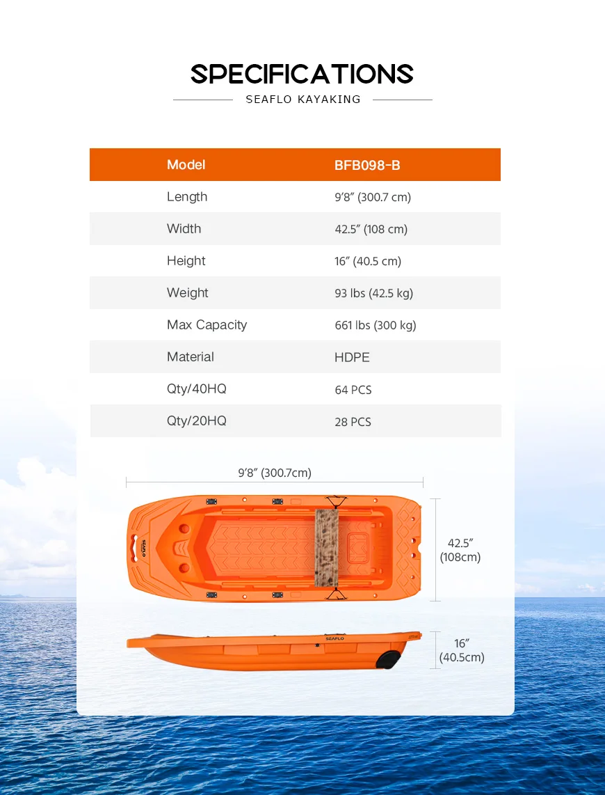 SEAFLO factory 2 person hard shell plastic blow molded tandem mini speed 9.8ft rowing boat with fishing rod holder optional
