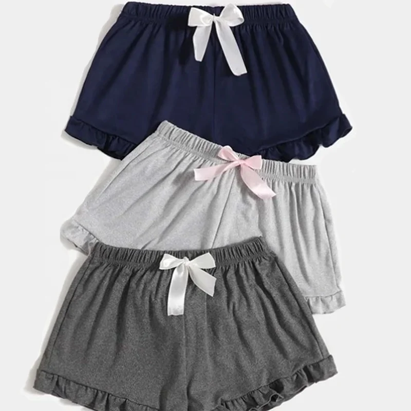 Wholesale Elastic Waist Ruffle Hem Bow Rayon Fabric Sleep Shorts, Women Short Bottoms