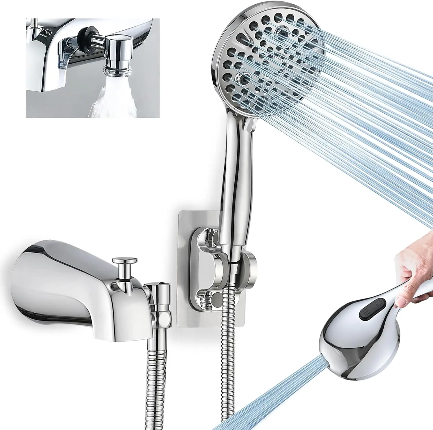 WELS watersense All Metal Tub Spout with Diverter, 10 Settings Hand held Shower , Bathtub Faucet with Sprayer Chrome