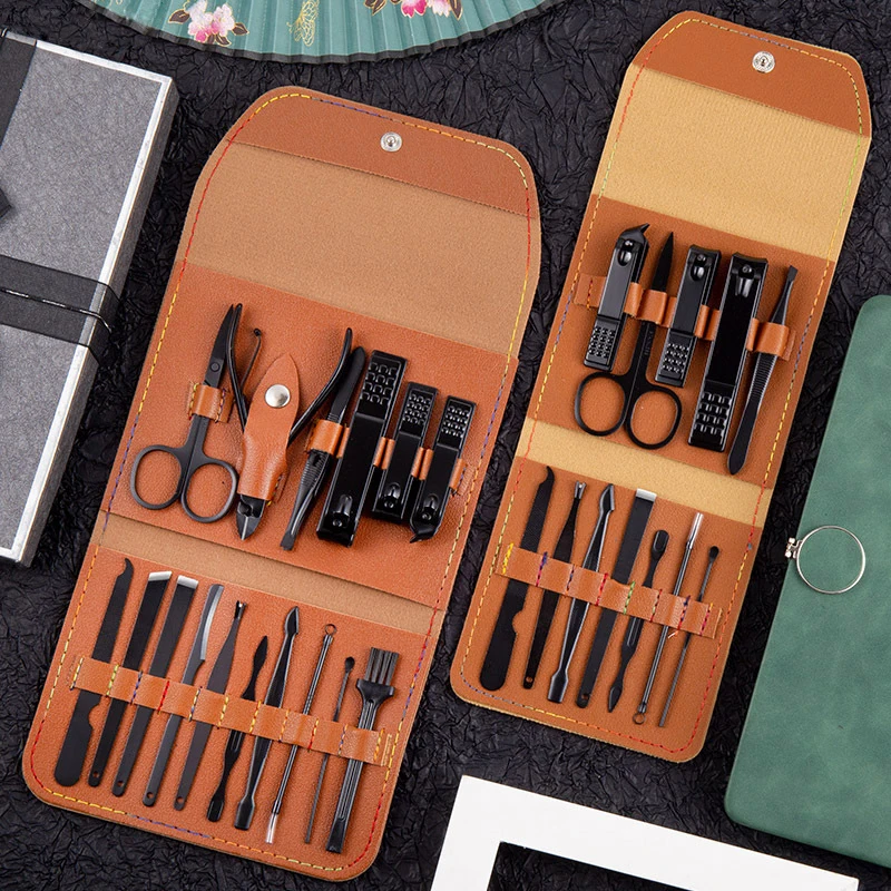 Professional 12pcs Manicure & Pedicure Set Black Stainless Steel Portable Nail Care Professional Full Set