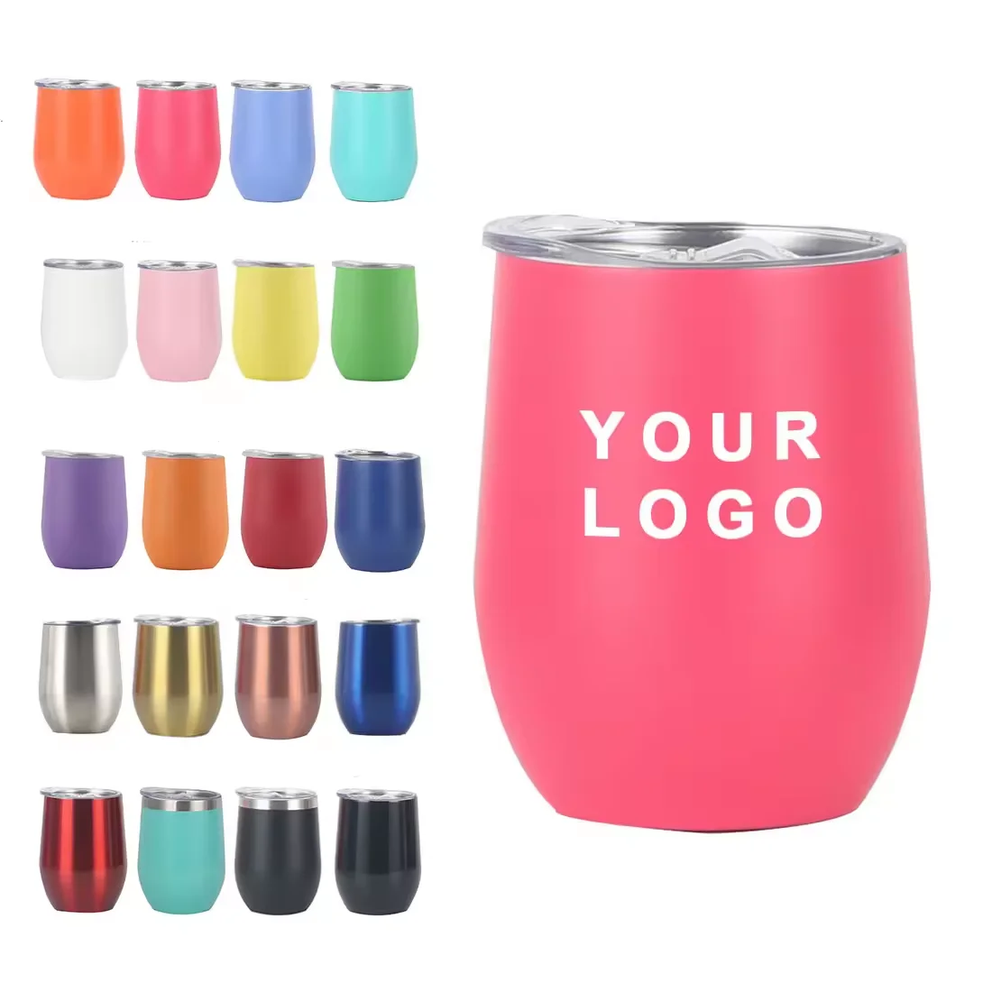 Custom Logo 12oz Stainless Steel Insulated Powder Coated Egg Shape Thermal Cup promotion gift Wine Coffee Mug Tumbler with Lid