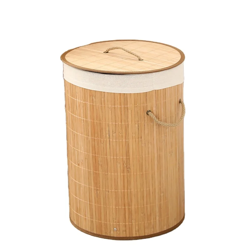 Large Capacity Bamboo Laundry Hamper Round Dirty Clothes Storage Basket with Lid Liner and Handles