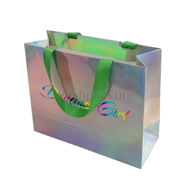 Hologram Paper Bags Laser Color Make Up Gift Shopping Bag Glitter Customized Logo Paper Bag With Handle