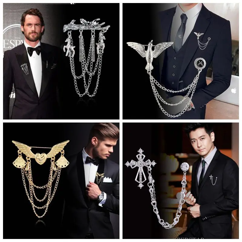 Wholesale Mens Luxury Rhinestones Decorate Clothing Accessories Suit Pin Cross Crown Collar Brooch Female Corsage
