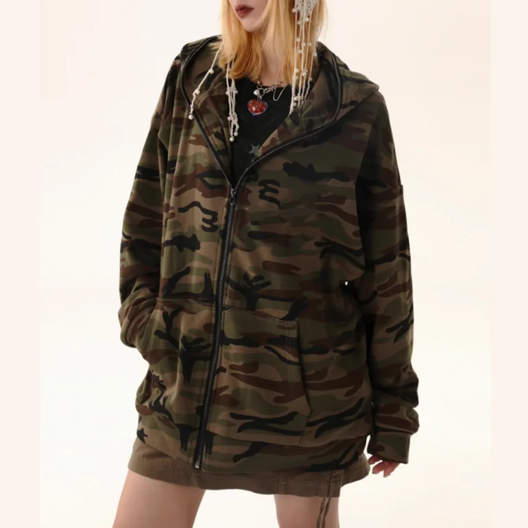 Vintage Streetwear Unisex Camouflage Hoodie Custom 100% Cotton Oversized Men Women Camouflage Zip Up Hoodie
