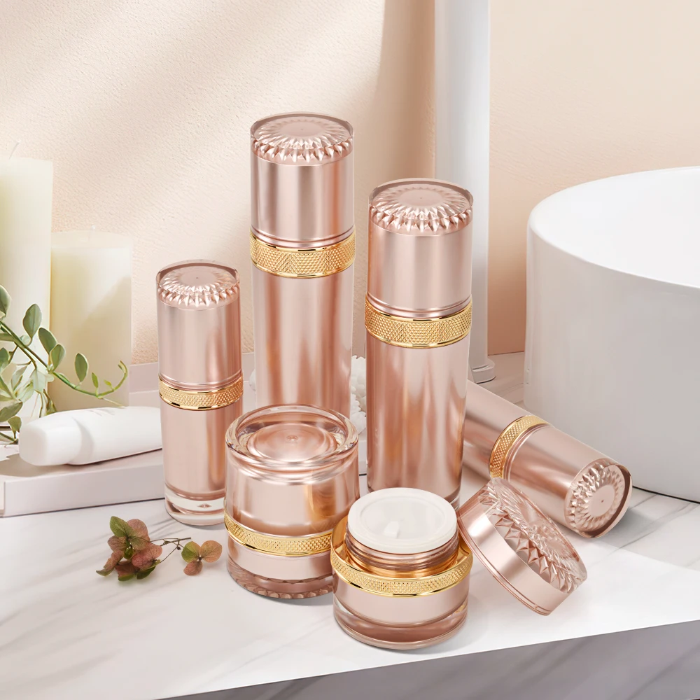eco friendly luxury frosted Pink acrylic containers lotion cream bottles jars set cosmetics with aluminum gold cap