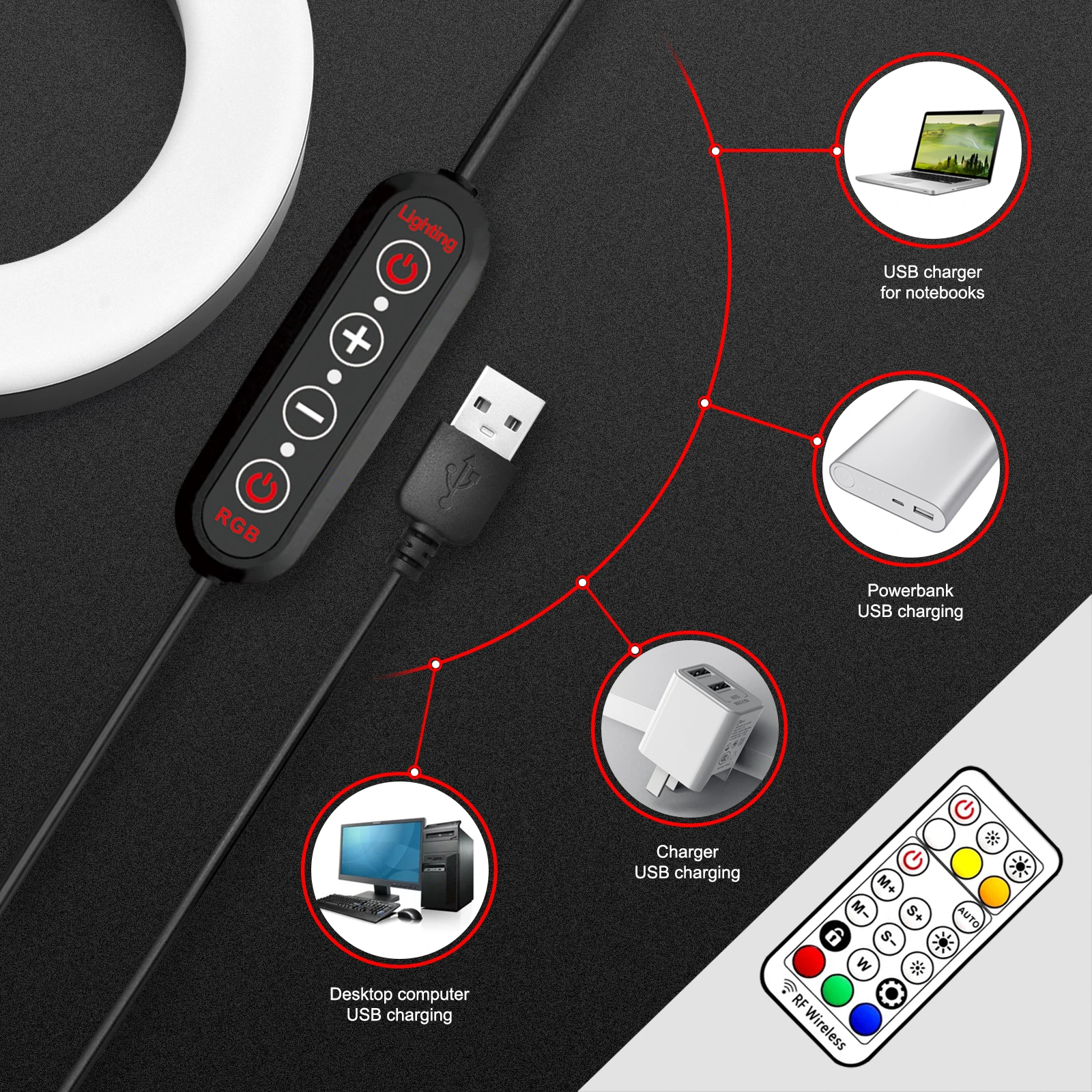 YELANGU Ring RGB Selfie Light Remote Control  with Tripod Stand