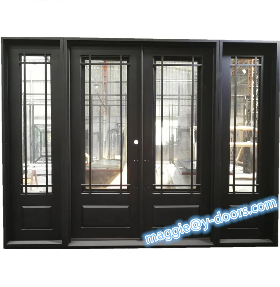 Double Square wrought iron  door steel entry door metal front security door with sidelight