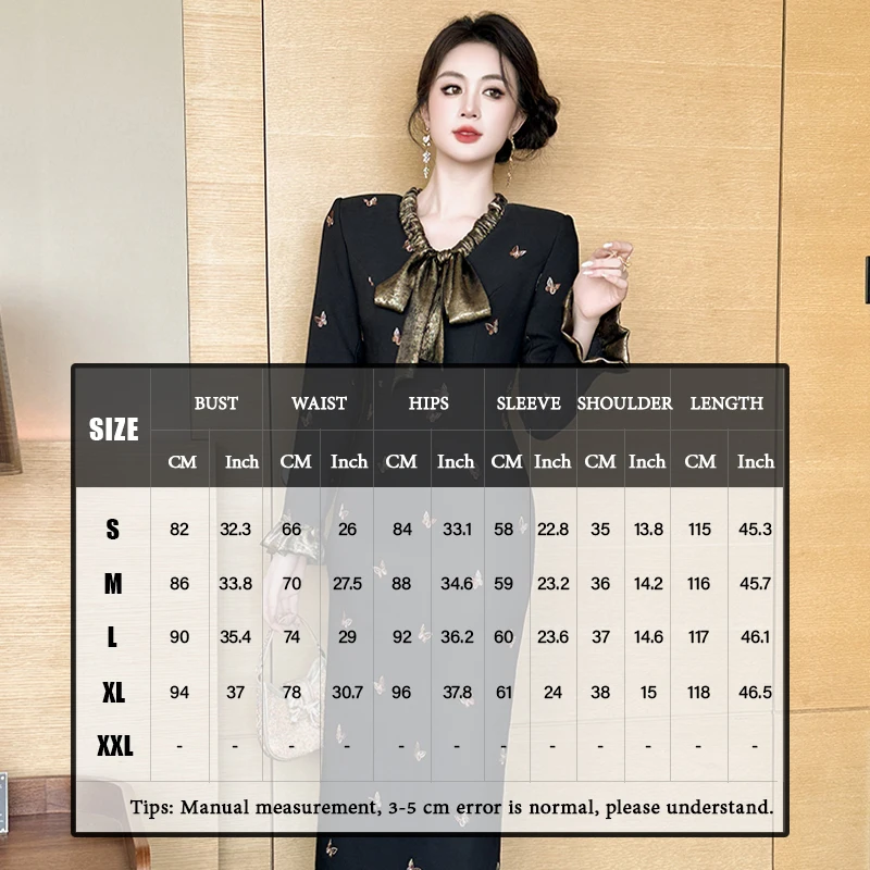 ZYHT 40675 Breathable Embroidery Butterfly Casual Dresses Pencil Black Long Sleeve Winter Midi Dress for Women