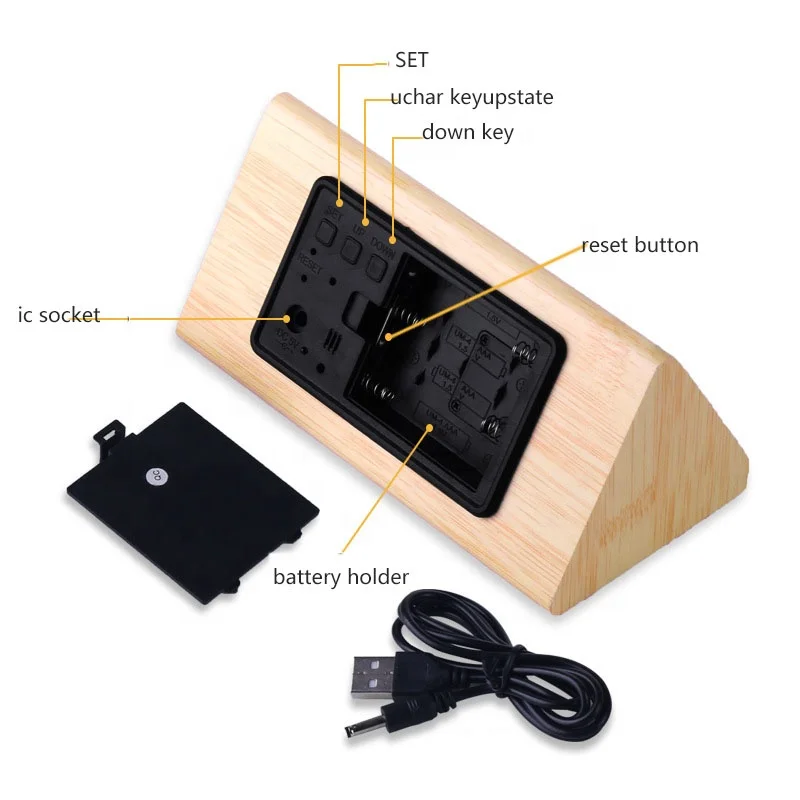 Fashion Home Decor Cube Portable Wooden Digital LED Desk Alarm Clock With USB And Battery Supply