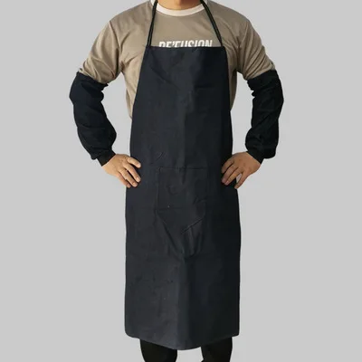 DS936 Custom Logo Kitchen Cleaning Work Bib Apron Water Oil Resistant Cotton Aprons Black Oversleeve Denim Canvas Aprons