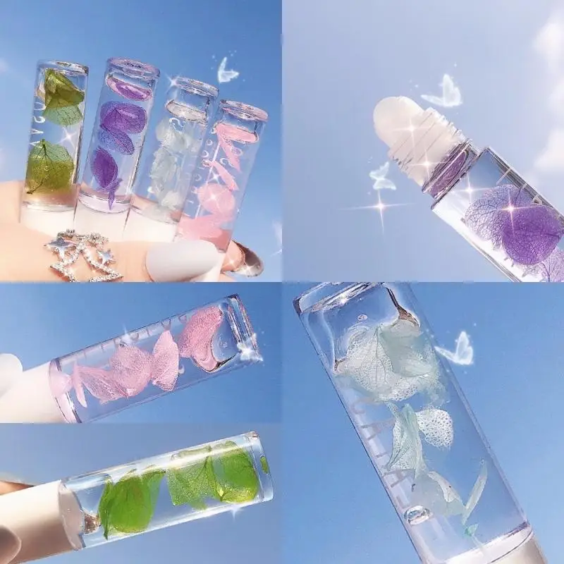 New cute transparent lip balm oil private label plant flower lipstick colorful liquid lip gloss