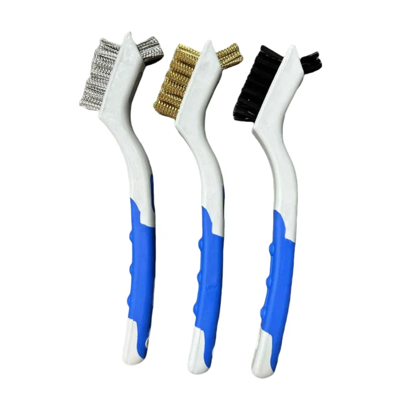 Multifunctional Cleaning Brush Nylon/Brass/Stainless Steel Bristles Set 3pcs Mini Wire Brush Set with Soft Grip Handle