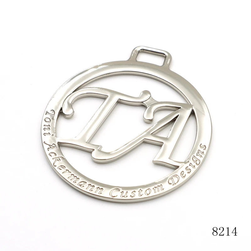nickel round  hollow logo metal brand  logo custom hanging metal label tag for handbags