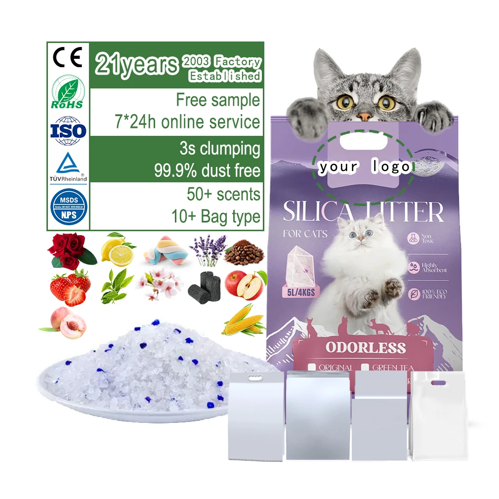 Mbiby Wholesale OEM ODM 1-8mm Crystal cat litter silica gel Cat Litter Sand Dust-Free Clumping Cat Litter in Blue and White