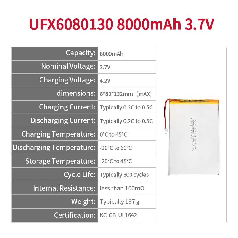 Manufactory Custom Super Thin Bluetooth Keyboard Battery UFX 6080130 8000mAh 3.7V Rechargeable Li-polymer Battery