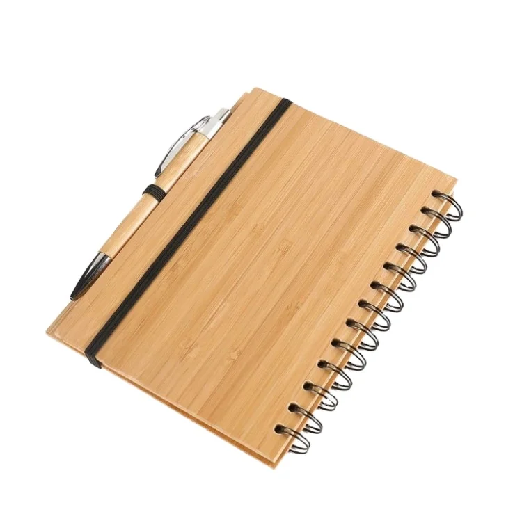 Unique Ruled Lined Blank Diary Journal Wooden Wood Cover With Pen Loop Logo Customized Spiral Coil Double Ring Notebook Notepad