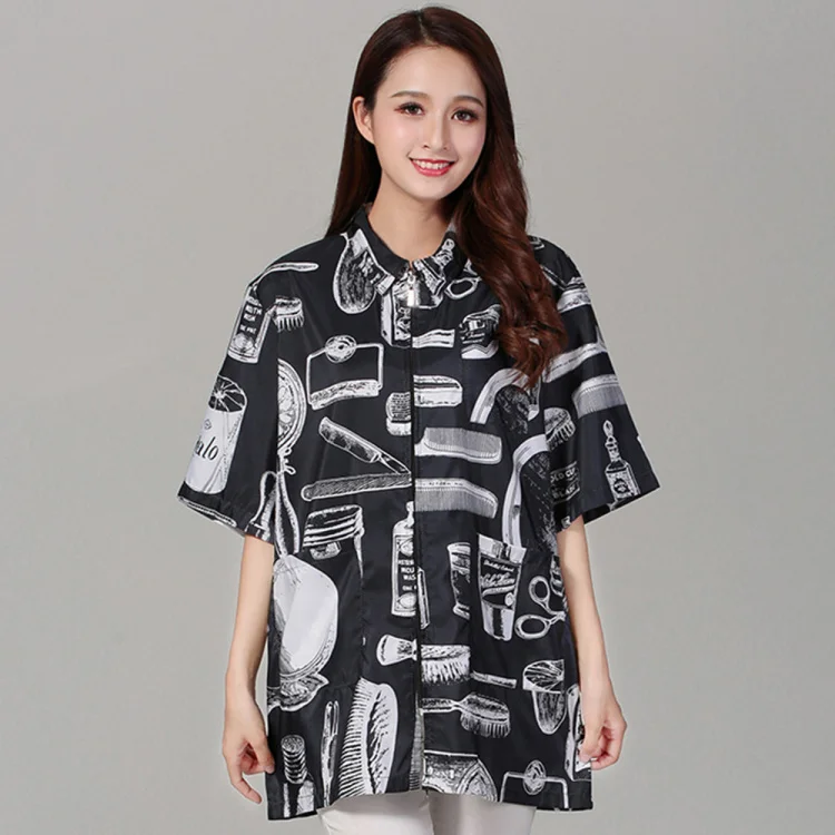 Hair Salon Tools Pattern Hairdresser Hairstylist Work Clothes Black Vintage T Shirt Smocks Barber Jacket Uniform For Women Men