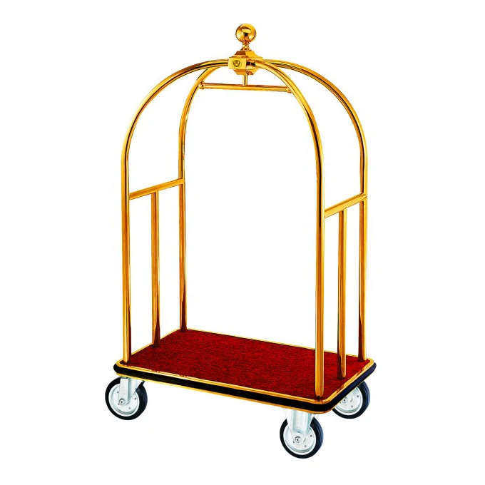 Golden Plated Hotel Bell Boy Luggage Trolley Elegant Serving Cart for Hotels on Sale!
