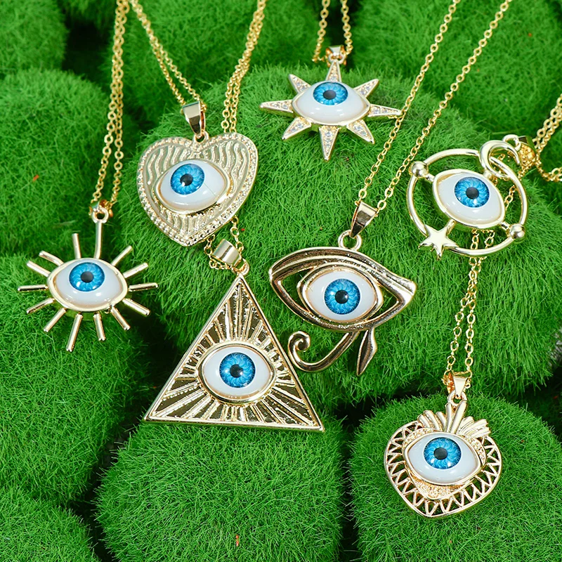 Multi Designs 18k Gold Plated Blue Turkish Eye Pendant Necklace Geometric Triangle Heart Evil Eyes Necklace