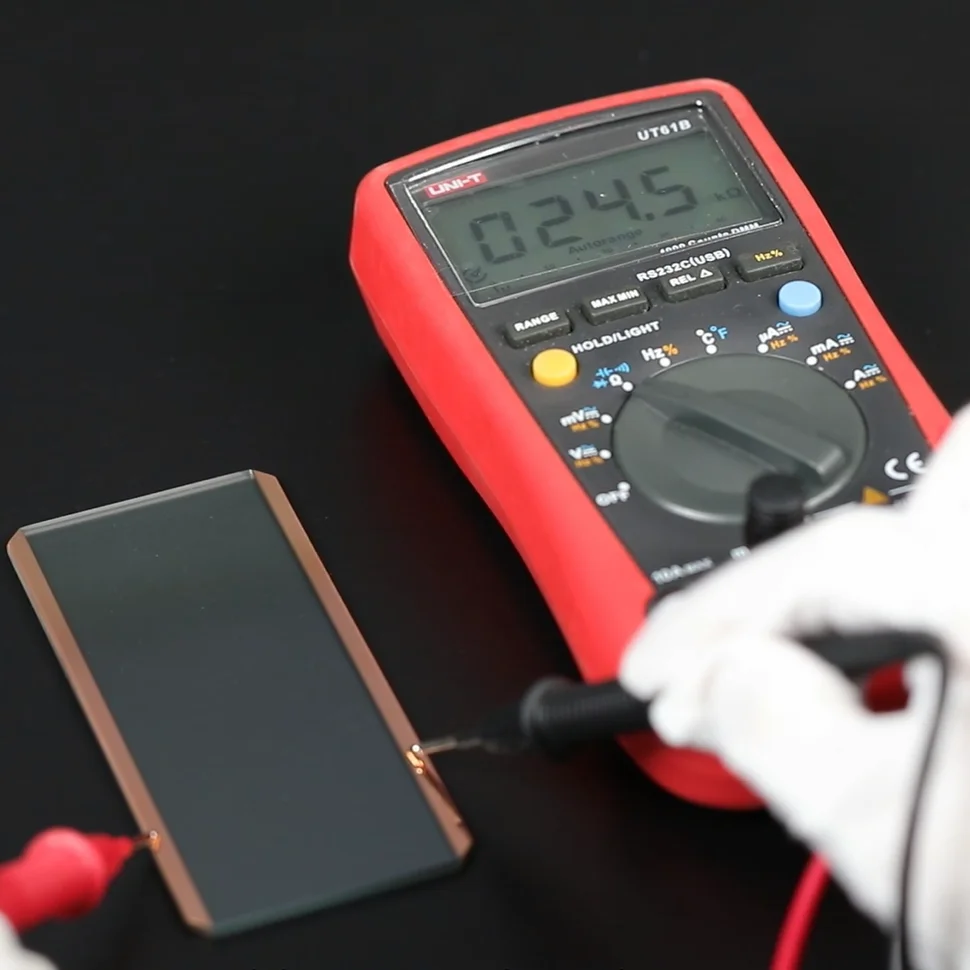 10 to 100ohm ITO FTO Conductive Glass with Black Printing AR Coating Bus Bar Pad