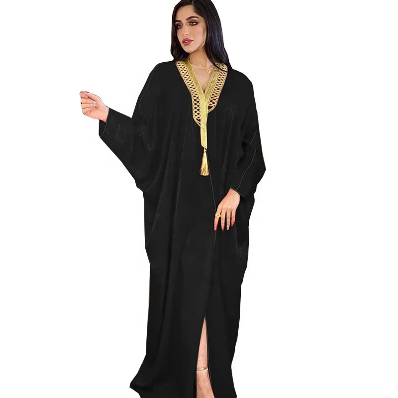 Pure Color Purple Black Green Red Ethnic Cardigan Long Robe Tassel V Neck Oversize Lantern Sleeves Muslim Dresses