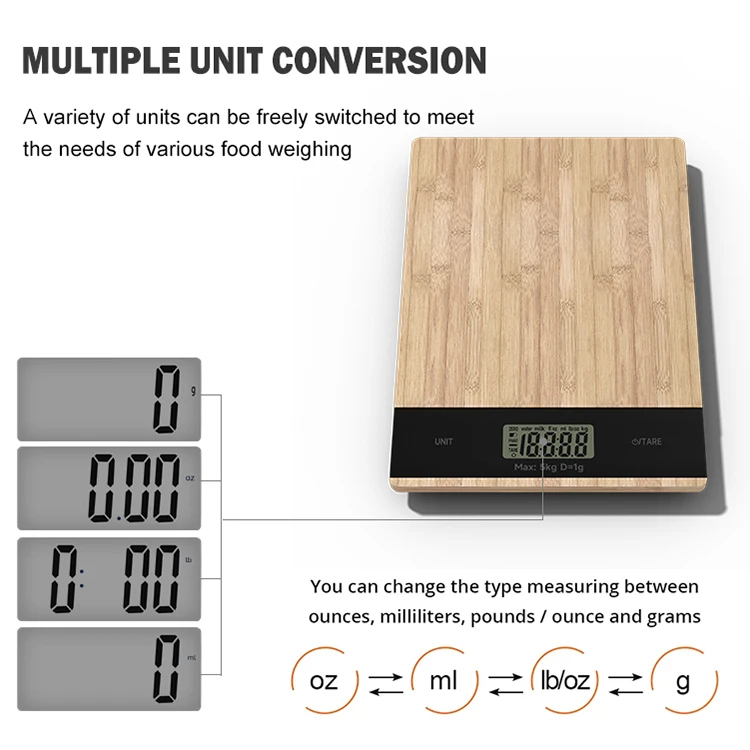 Touch Control Bamboo Panel LCD Display ABS Plastic 5K Digital Household Food Kitchen Scales