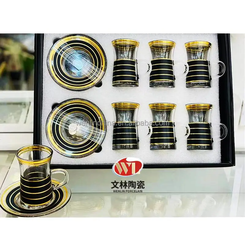 12pcs Super light 6 Glass Tea Cup and 6 glass tea saucer Coffee Set High Quality Arabic Ramadan Porcelain support customization