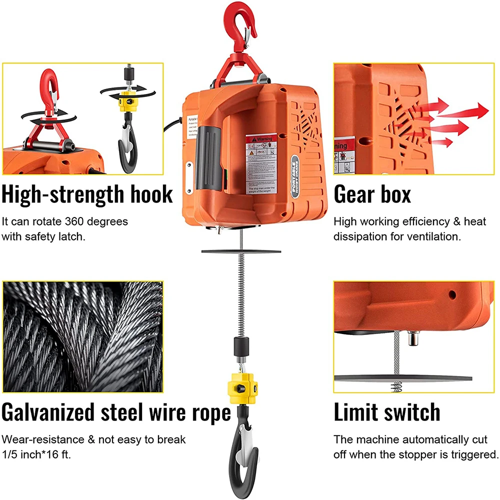 Portable Electric Winch 25ft Lifting Height 1500W 110V 3-in-1 Electric Hoist 1100lbs