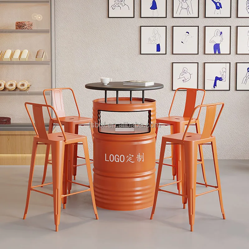 industrial oil drum design restaurant furniture high bar table and chairs high top bar tables and tall chair
