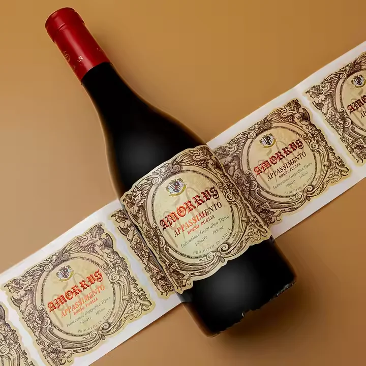 Custom Printed Self-Adhesive Wine Bottle Label with Hot Stamped Silver or Gold UV Logo, Made of Synthetic Paper Material.