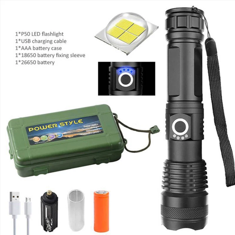 Black Aluminum Alloy Waterproof High Brightness USB Rechargeable Tactical P50 Most Powerful Portable LED Zoom Flashlight Outdoor