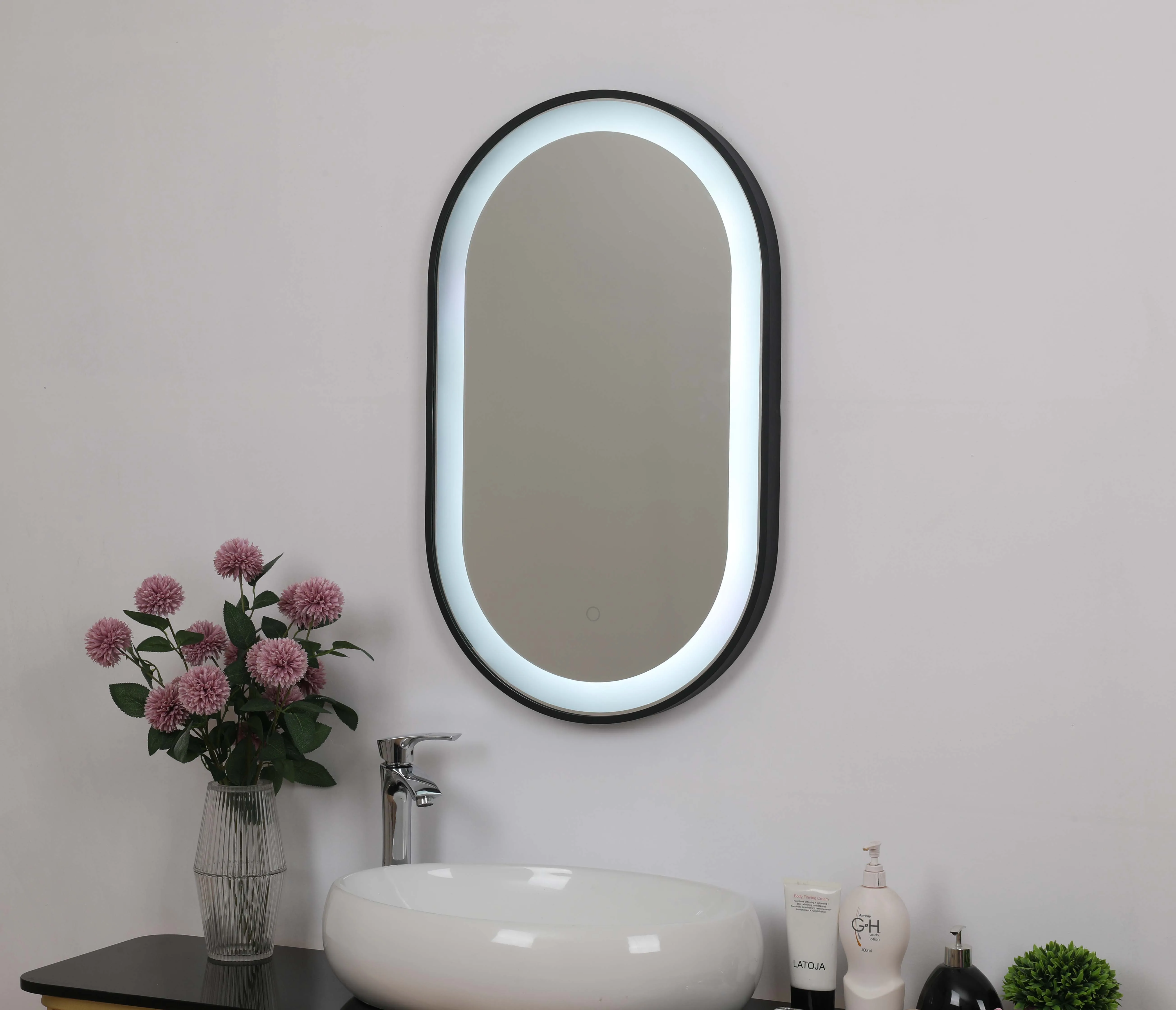 
UL List 3000K Warm Light Rail Style Aluminum Black Frame Touch Screen LED Backlit Bathroom Mirror For Hotel Using 
