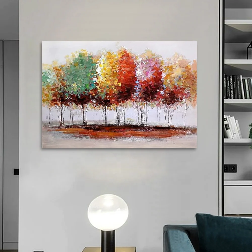 Tree canvas print wall art home decor, large colored tree branch oil paintings, living room bedroom hand-painted forest pictures