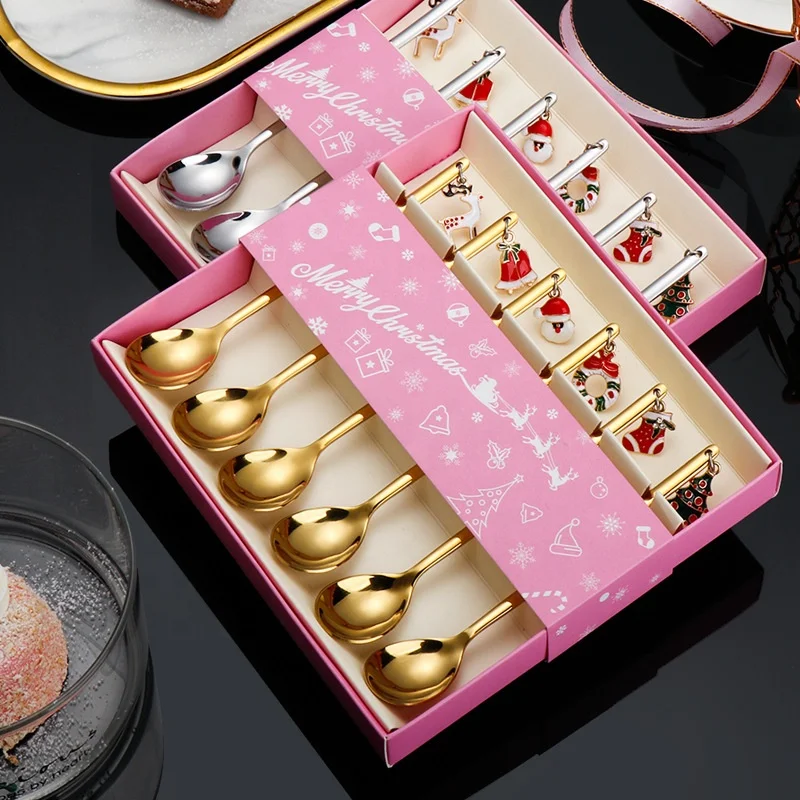 DishWasher Safe antique stainless steel 18/8 gold coffee spoon with Christmas Pendant decorative gift box