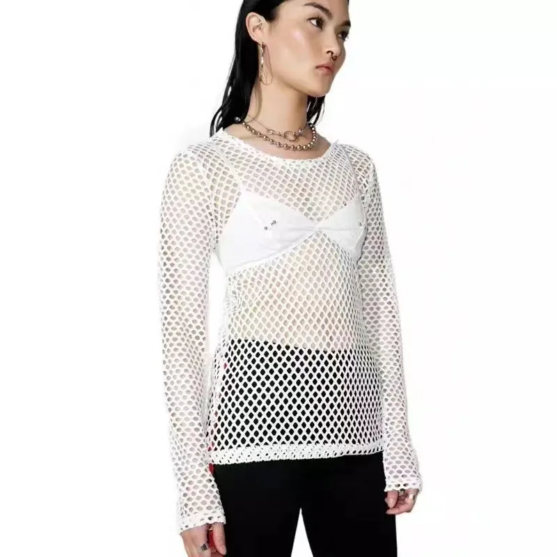 2022 Gothic Summer Streetwear Cover Up Blouse See Through Long Sleeve Hollow Out Ladies Mesh Shirt Fishnet Top Women T Shirts
