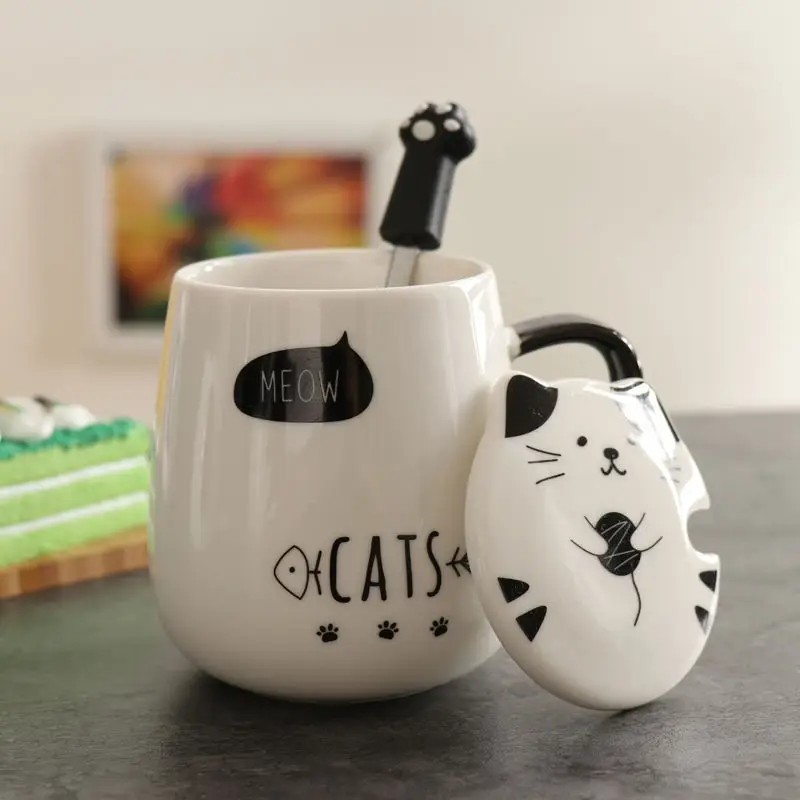 Cute cat black and white ceramic cup office coffee   Korean  ceramic mug with lid gift set