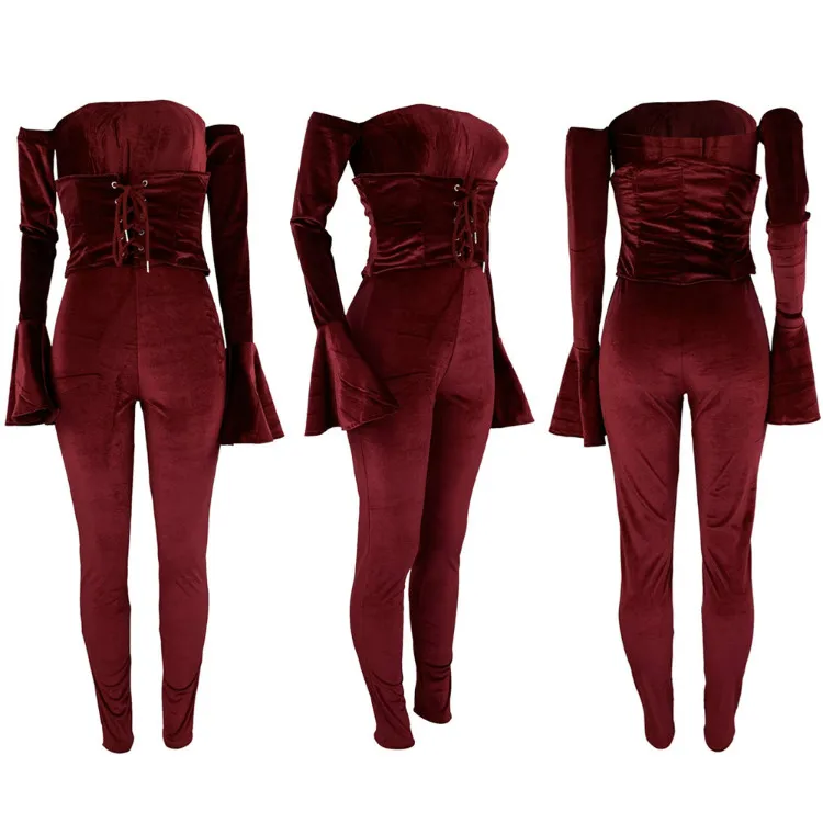 
Sexy Club Wear Jumpsuit Off Shoulder Womens 2 Piece Outfit Bell Sleeve Velvet 2020 Women Two Piece Set 