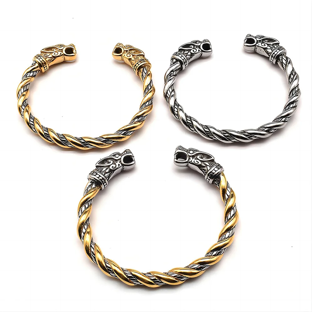Mens Viking Wolf Nordic Scandinavian Designer Inspired Gold Plated Fashion Jewelry Bracelets & Bangles Twisted Stainless Steel