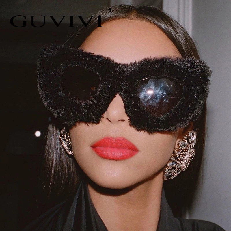 Guvivi Sunglasses Hot Sale Cat Eye Kardash Furry Unique Glasses Popular Vintage Oversized  Frame Women Wholesale 2022 Glasses