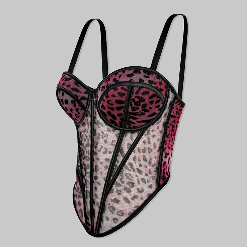 Leopard Print Fabric Corset Top Overbust Fishbone Slimming Corset Mesh See-through Corset Removable Strap