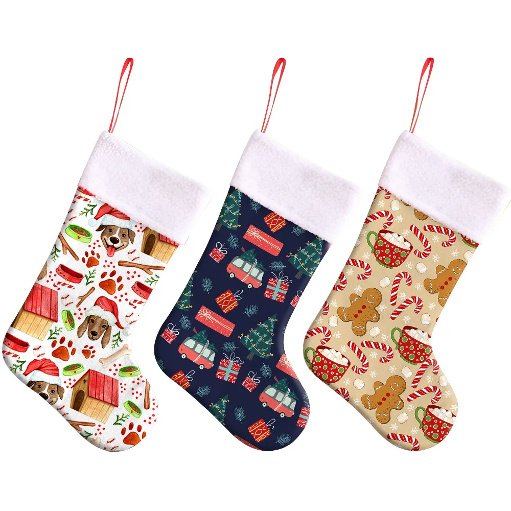 Digital Printed Flannel Christmas Stockings With Faux Fur Cuff Fireplace Hanging Stockings for Family Christmas Decor